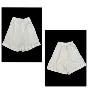 Vintage QW Queens Way White High Waisted Pleated Trouser Shorts, Elastic Back